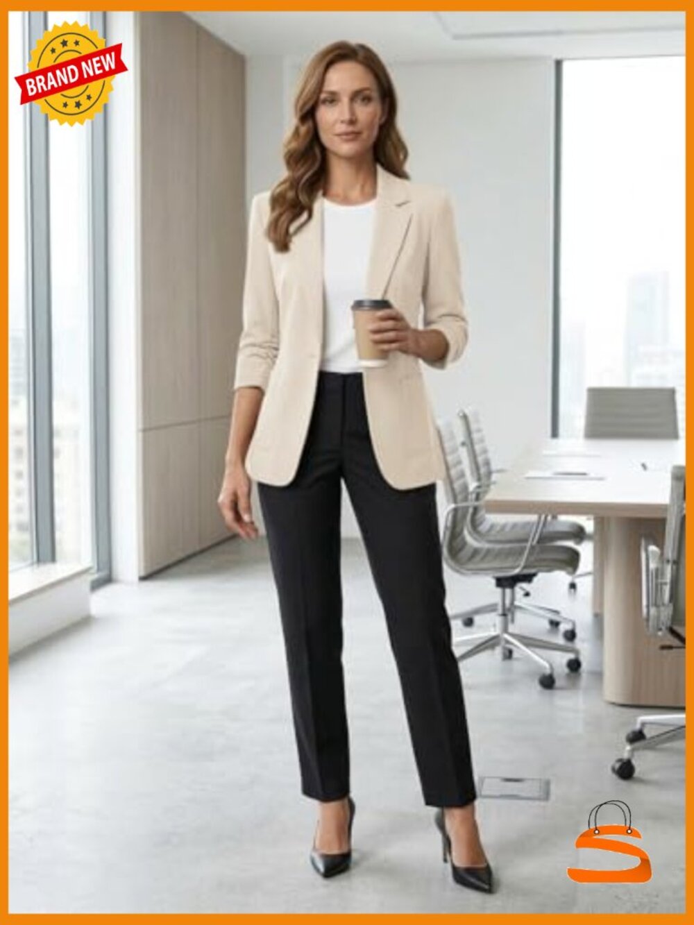 3/4 Ruched Sleeve Blazer - Lightweight Lined Casual Work Office Jacket with - Picture 5 of 7